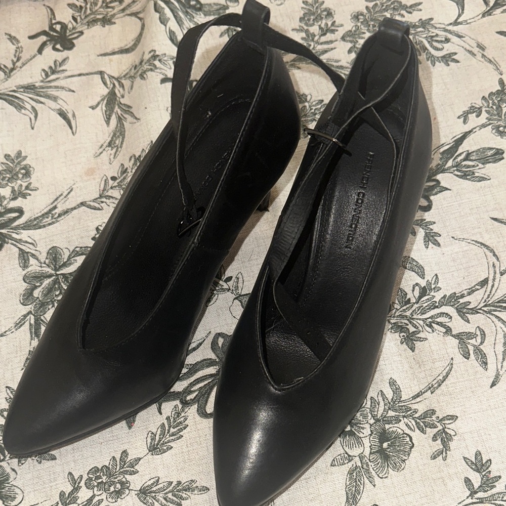 Black Pointed  French connection Leather Ankle-Strap Pumps
